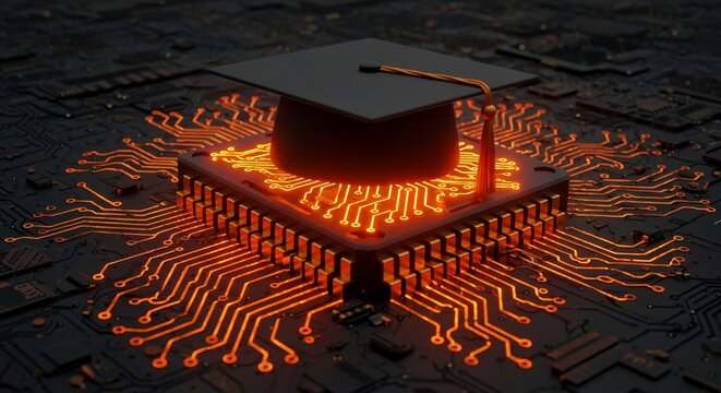 fiber optics background with lots light spots, Modern concept for learning innovation, future career, smart technology. Graduation cap atop circuit board education tech integration. Digital transforma