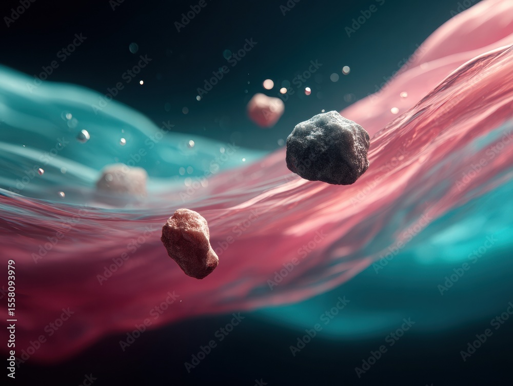 Aufkleber Dynamic Asteroid Fragments Floating in Dark Cosmic Space with Trailing Dust Futuristic Space Debris Concept for Science and Marketing Campaigns