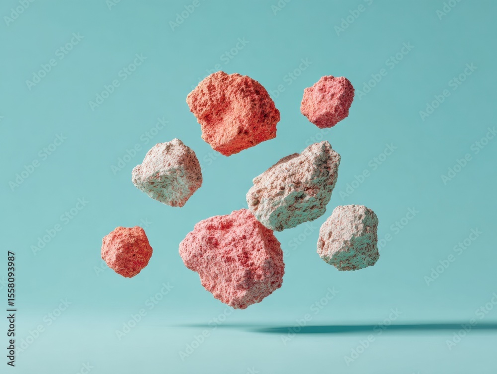 Poster Floating Asteroid Debris Cluster with Textured Surfaces on Minimalist Background for Cosmic Evolution and Dynamic Digital Marketing Concepts