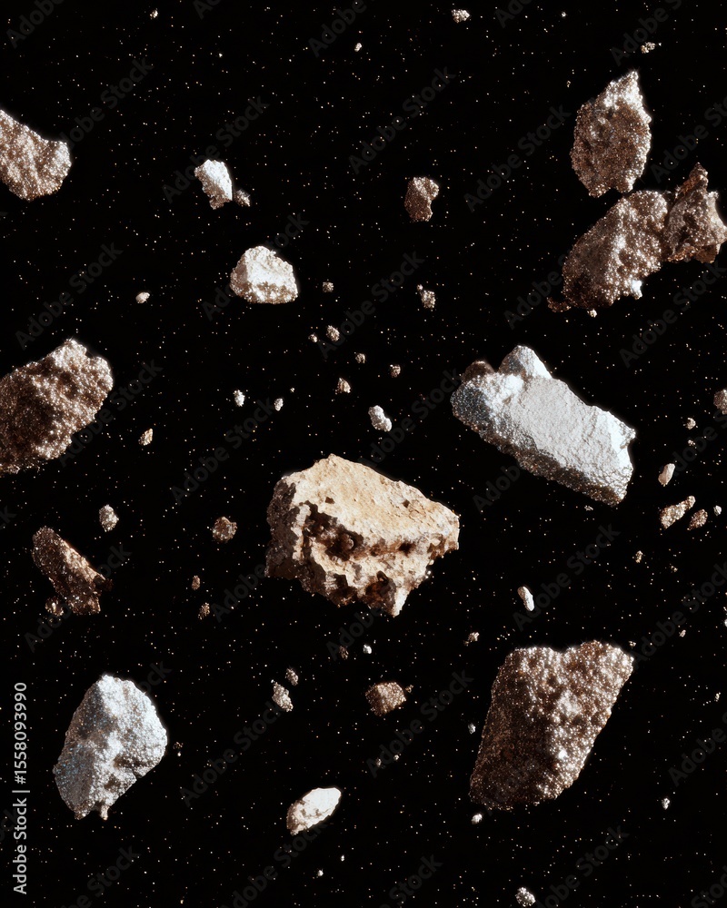 Aufkleber Asteroid Debris Field Floating in Space with Dust Particles on Black Background for Cosmic Exploration and Scientific Discovery Visuals