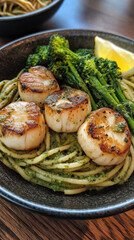 Seared scallops on pesto pasta vertical