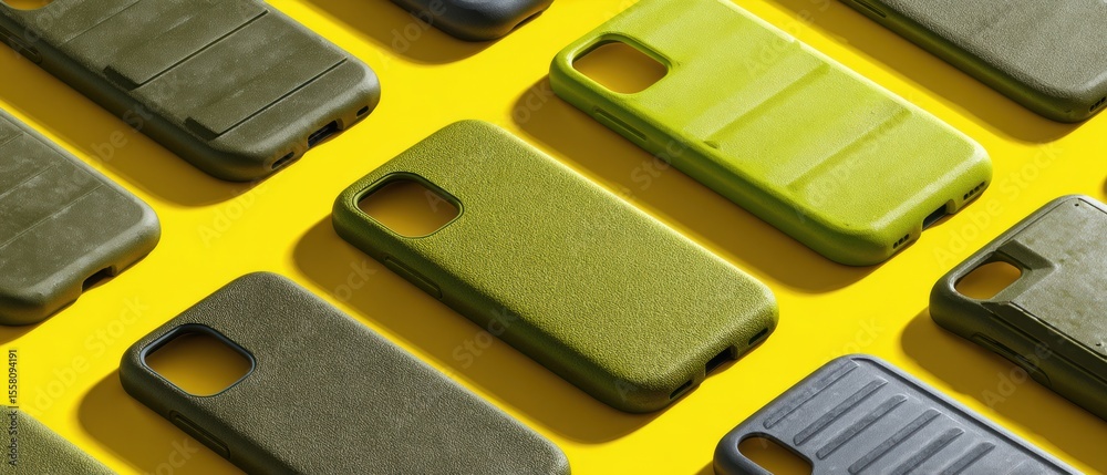 Poster Modern Mobile Phone Covers Array with Durable Textured Finishes on Vibrant Yellow Background Tech Accessories Display for Customizable Device Protection