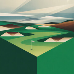 Abstract golf landscape: central emerald cube, geometric sand/brown fairways/bunkers. Minimalist ball/flagstick inside. Muted blue/gray sky, diffused light.