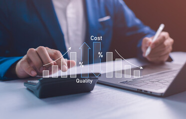 Cost vs Quality Trade-off Concept in Business. A professional calculator and laptop with increasing cost and decreasing quality, challenges of balancing expenses and product service excellence.