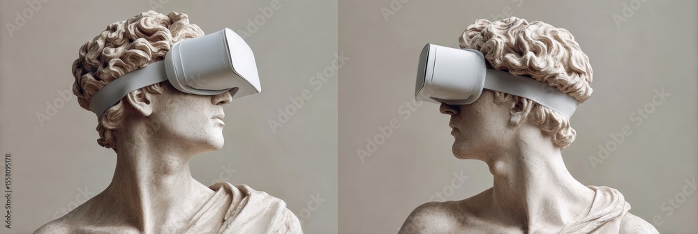 Poster Classical Sculpture of David Wearing Virtual Reality Headset Side Profile Merging Ancient Art with Modern Tech for Innovation Marketing