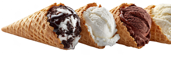 Four waffle cones filled with different ice cream flavors including cookies and cream, vanilla, and chocolate.