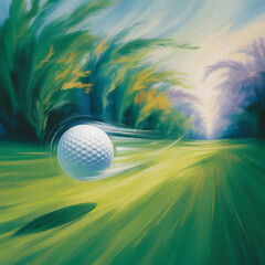 Impressionistic painting: blurred white golf ball in flight, surrounded by swirling emerald, sky blue, gold, lavender. Ethereal, dreamlike.