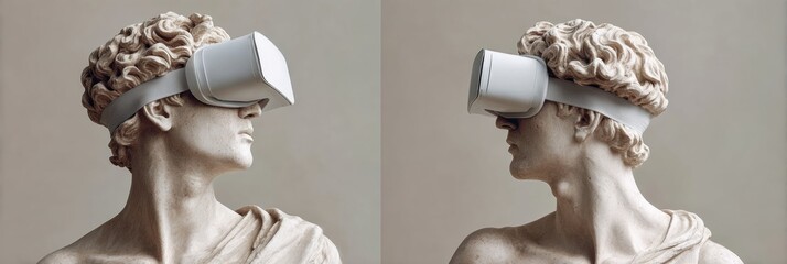 Classical Sculpture of David Wearing Virtual Reality Headset Side Profile Merging Ancient Art with Modern Tech for Innovation Marketing