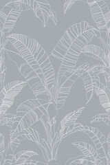 White outline banana leaves arranged in a seamless vector pattern over a plain gray backdrop, suitable for wallpaper or fabric, vector and illustration.