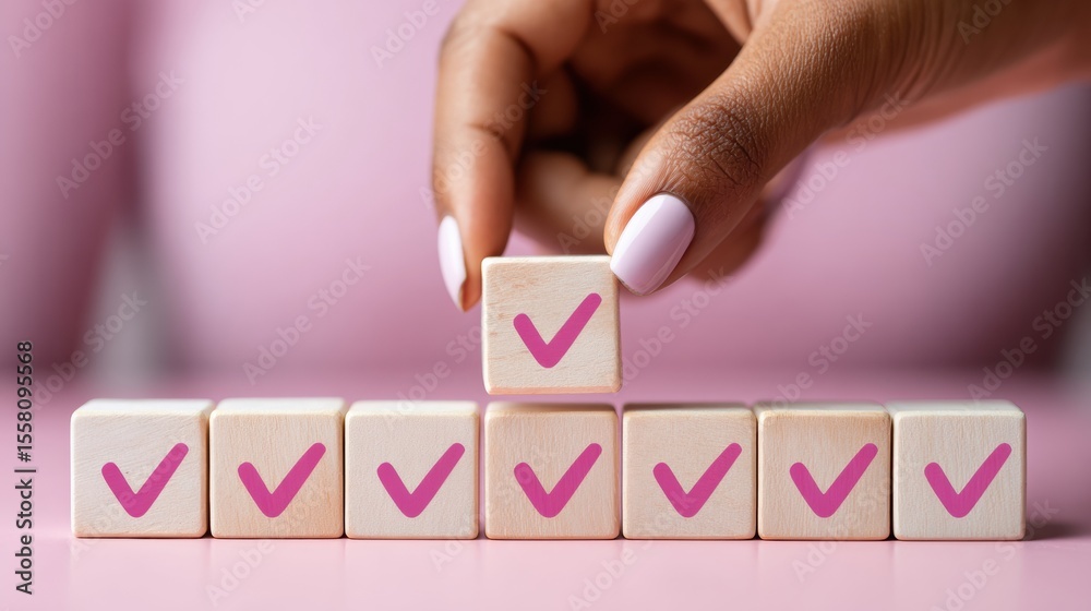 Aufkleber Modern Productivity Concept with Hand Adding Final Checkmark on Wooden Blocks Progress Tracker for Efficient Project Management and Goal Completion