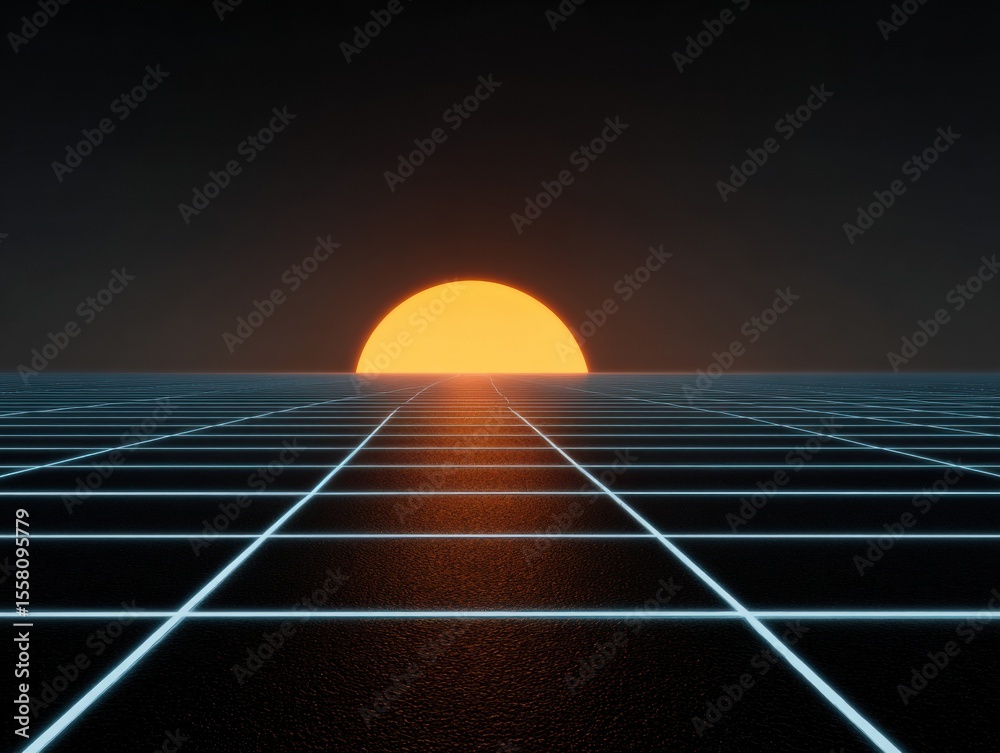 Poster retro neon grid landscape with digital horizon sunset for metaverse technology and virtual platform 