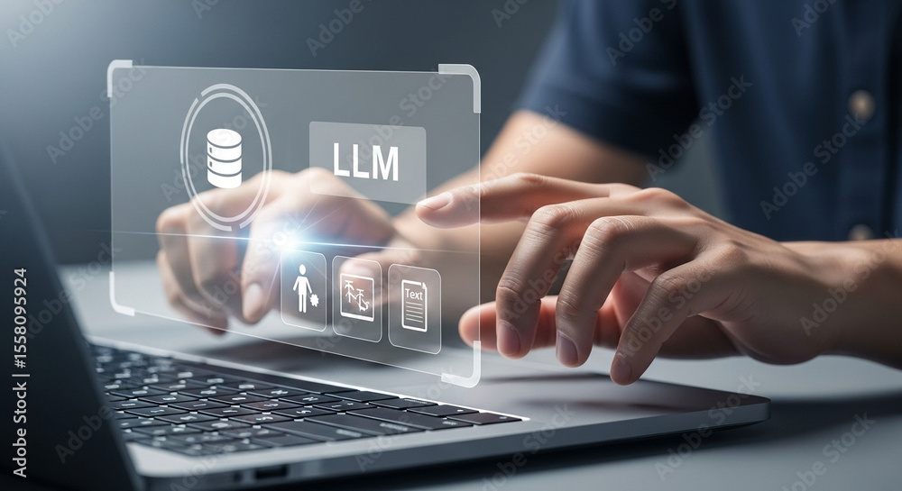 Aufkleber Person using laptop with llm interface overlay showing database and other function icons displayed