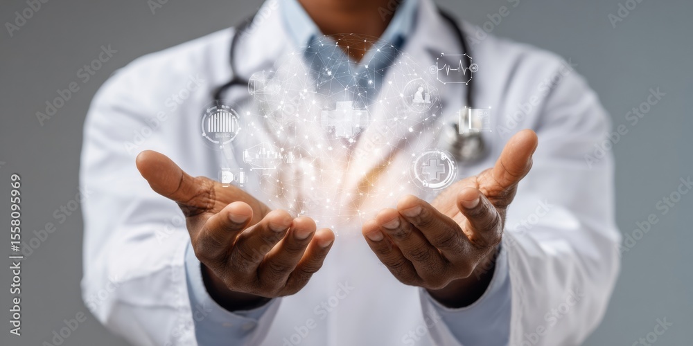 Aufkleber male doctor using ai-powered digital medical icons for advanced healthcare integration and future pa