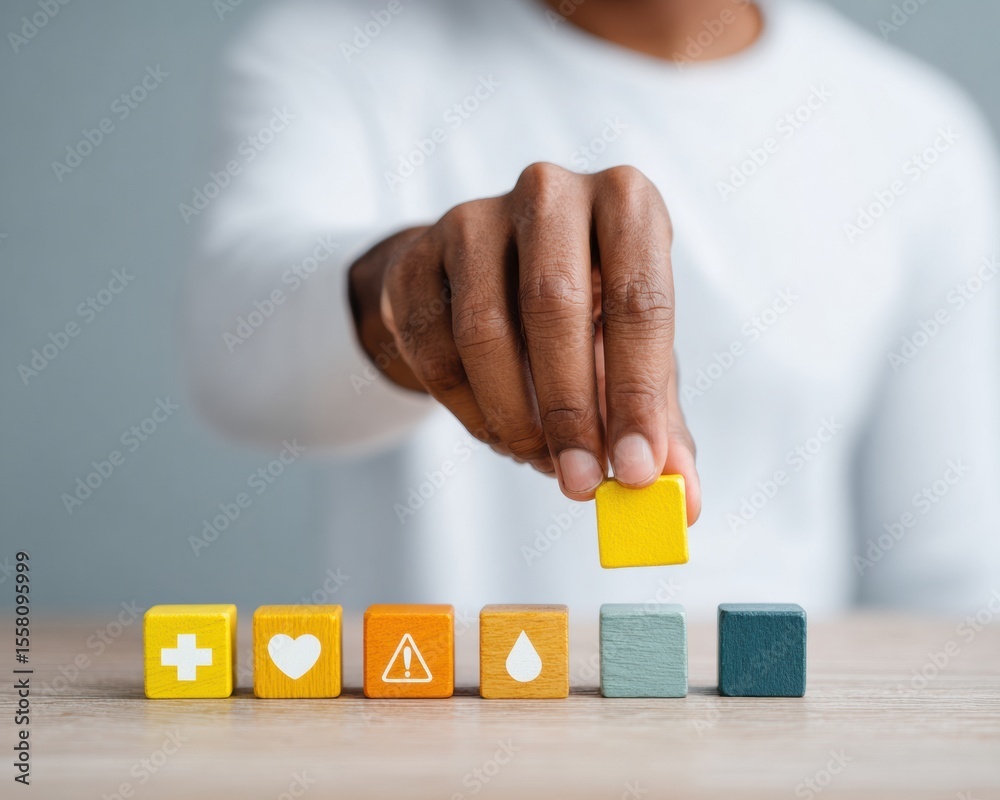Poster modern workplace safety hand stacking wooden blocks with health and environment icons highlighting s