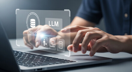 Person using laptop with llm interface overlay showing database and other function icons displayed