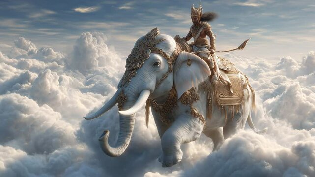 Photorealistic depiction of Indra riding Airavata through ethereal clouds, evoking a sense of majesty and divine power. Inspired by Hindu mythology, particularly the Vedas.