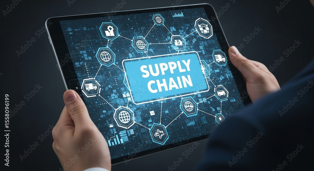Poster Person holding tablet displaying supply chain network with connected icons and data visualization