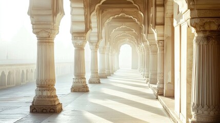A grand, ornate hallway with white columns and arches, leading to a distant, misty building in the distance.