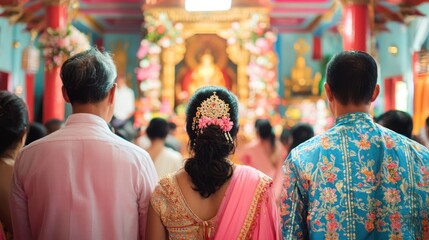 Fototapeta premium Three people in traditional clothing walking in a temple, with a large statue in the background.