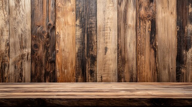 A rustic wooden table with a weathered, aged appearance, set against a wooden wall with vertical planks.