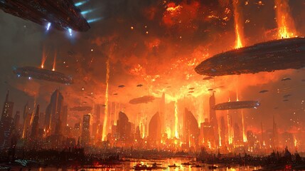 Fiery futuristic cityscape under alien attack; colossal fiery explosions engulf skyscrapers and ships