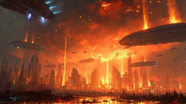 Fiery futuristic cityscape under alien attack; colossal fiery explosions engulf skyscrapers and ships
