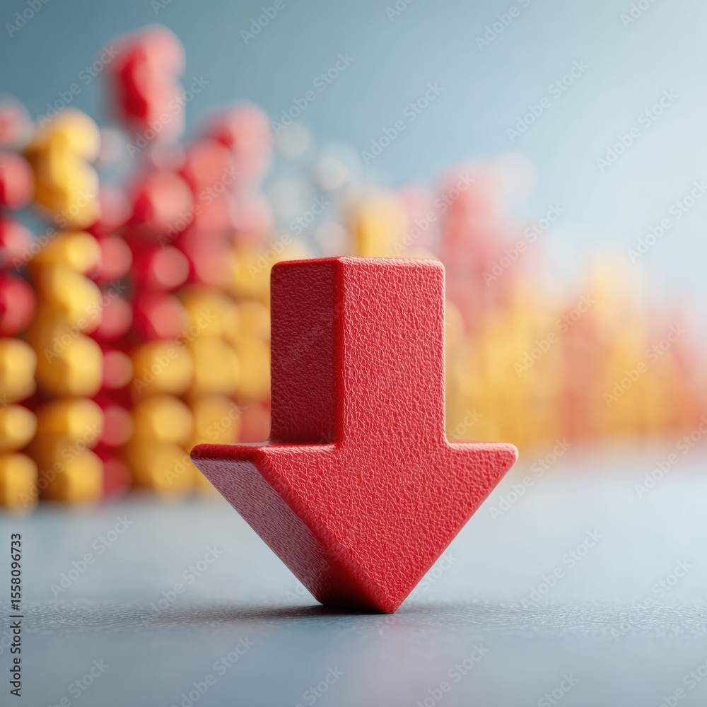Poster Textured Red Arrow Pointing Downward with Blurred Market Graphs in Background Symbolizing Financial Downturn and Economic Risk in Modern Business Context