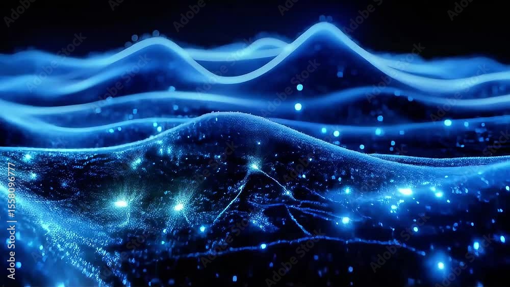 Poster abstract blue wave forms with glowing particles