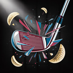 Abstract, deconstructed golf equipment: fragmented iron clubhead (crimson, blue, silver shards), leather grip, gold dimples, textured black background, spotlight.