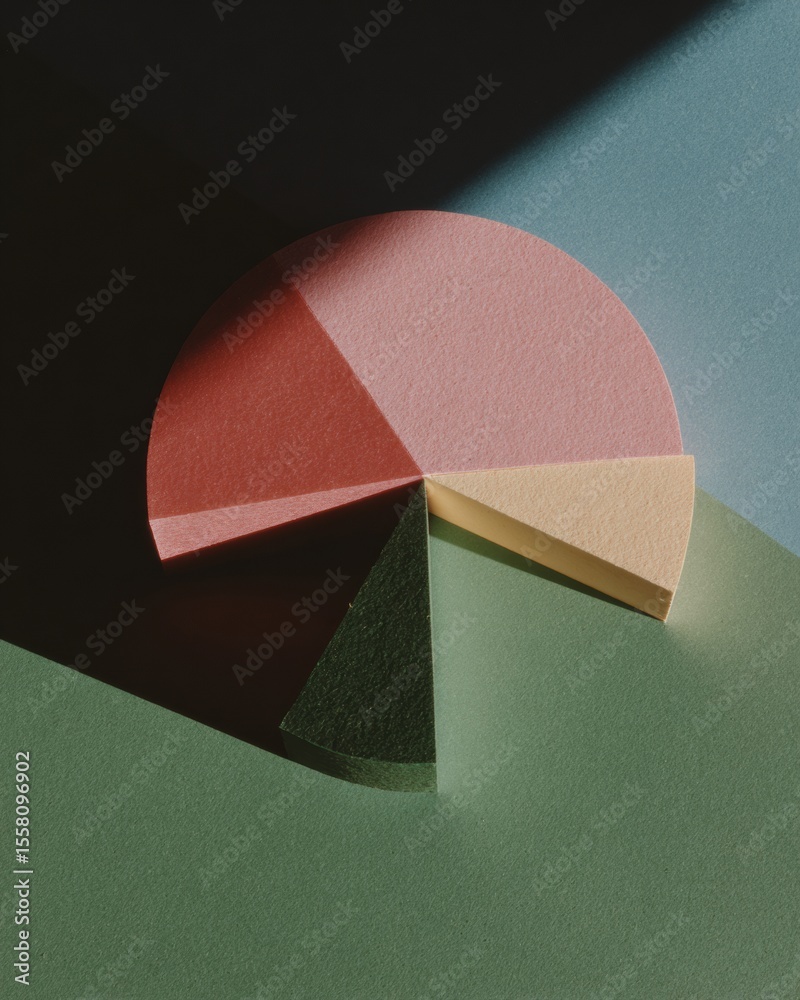 Poster Minimalist Paper Pie Chart with Soft Textures and Muted Colors Highlighting Balanced Asset Diversification for Modern Financial Planning