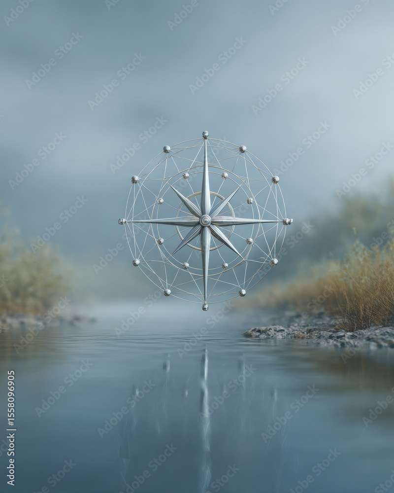 Aufkleber Futuristic Digital Compass with Network Lines Floating over Misty Water Landscape Symbolizing Tech Navigation and Exploration for Innovative Branding