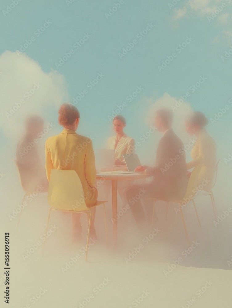 Poster ethereal business meeting with ai collaboration showing diverse professionals in modern workspace su