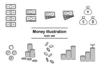 通貨とお金の線画アイコンセット 白背景の金融ベクター素材｜紙幣,硬貨,円,ドル,ビットコイン,通貨袋