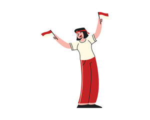 Cheerful Woman Waving Flags Illustration. Indonesian Independence Day Simple Illustration