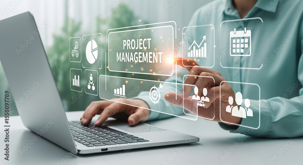 Poster Person using laptop with project management interface and business icons overlaying the screen