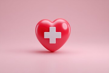 Fototapeta premium 3D render, heart shape, medical cross, red heart, white cross, health symbol, glossy texture, A symbolic red heart with a white medical cross rests on a soft pink backdrop, 32k Resolution
