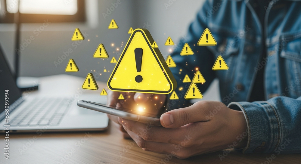 Poster Person using smartphone with warning signs floating around near laptop on wooden desk surface view