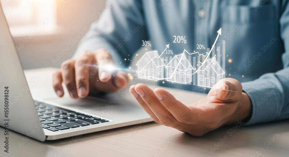 Poster man using laptop with digital house price graph in hand showing real estate market increase trend
