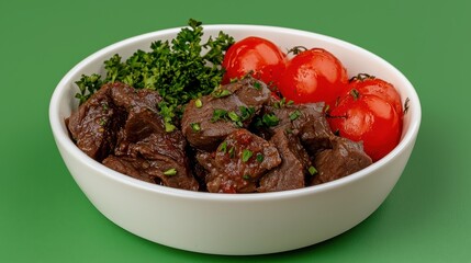 Savory Diced Beef with Roasted Tomatoes and Broccoli in White Bowl