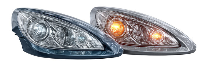 A pair of modern car headlights, one with clear lenses and the other illuminated with orange turn signals.