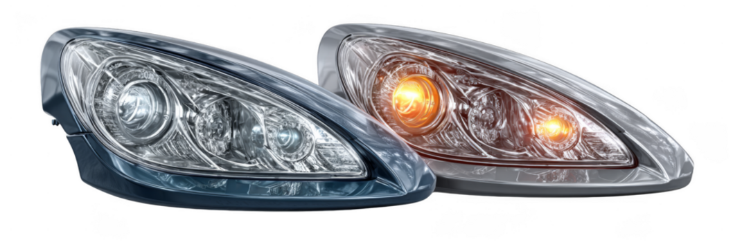 A pair of modern car headlights, one with clear lenses and the other illuminated with orange turn signals.