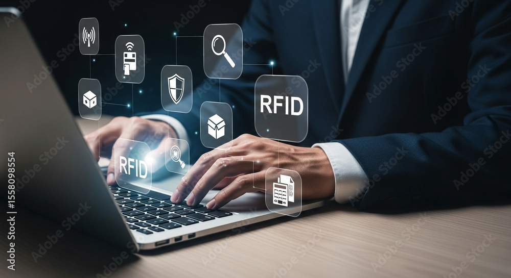 Poster Man in suit typing on laptop with rfid and technology icons overlayed on the screen and around hands