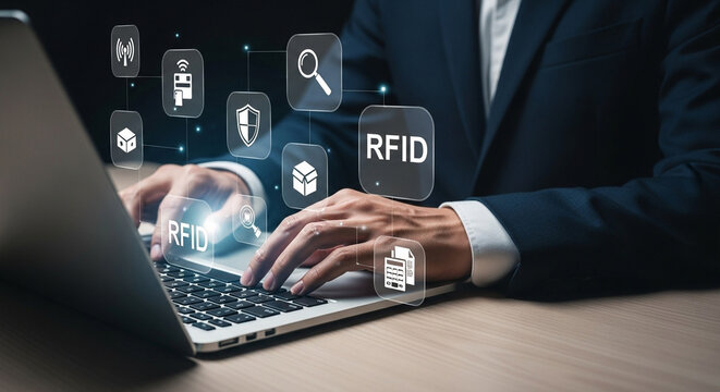 Man in suit typing on laptop with rfid and technology icons overlayed on the screen and around hands - Powered by Adobe