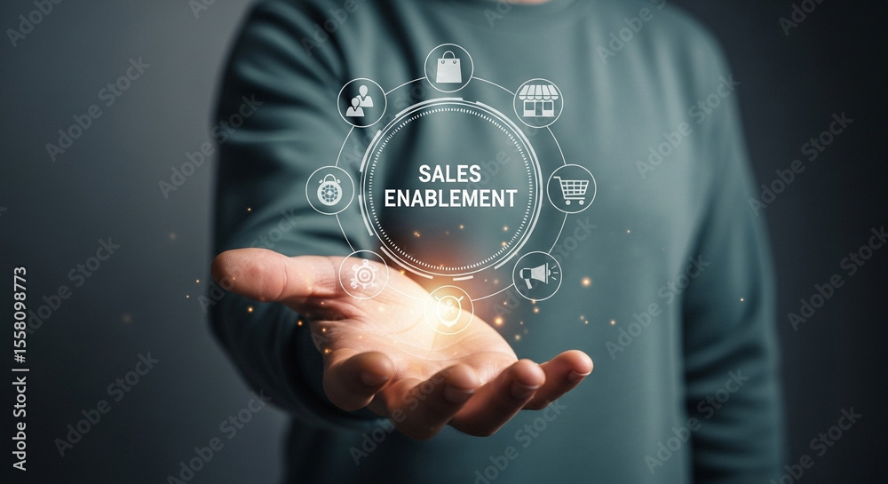 Poster person holding sales enablement graphics with icons of business and e commerce elements displayed ab
