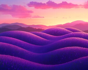 Rolling lavender hills under a vibrant pink and purple sunset