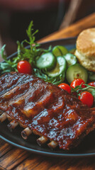 BBQ ribs with biscuit and salad vertical