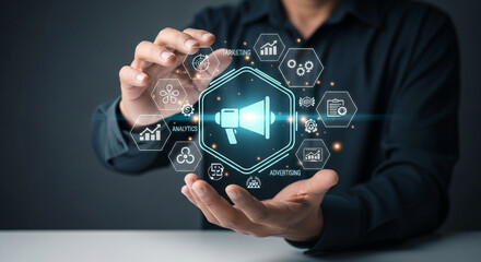 Man holding a digital megaphone surrounded by marketing and advertising related icons in a hexagon shape