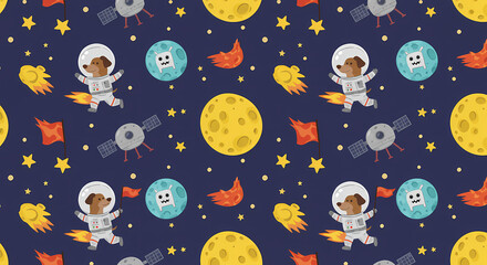 Naklejka premium Cute dog astronaut pattern in space, featuring planets, moons, and rockets.