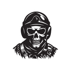 Skull Soldier Vector, Military Pilot Skull Illustration, Tactical Skeleton Mascot, Black and White Warrior Clipart