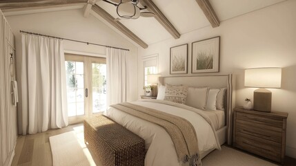 A cozy white bedroom with neutral decor and wooden accents
